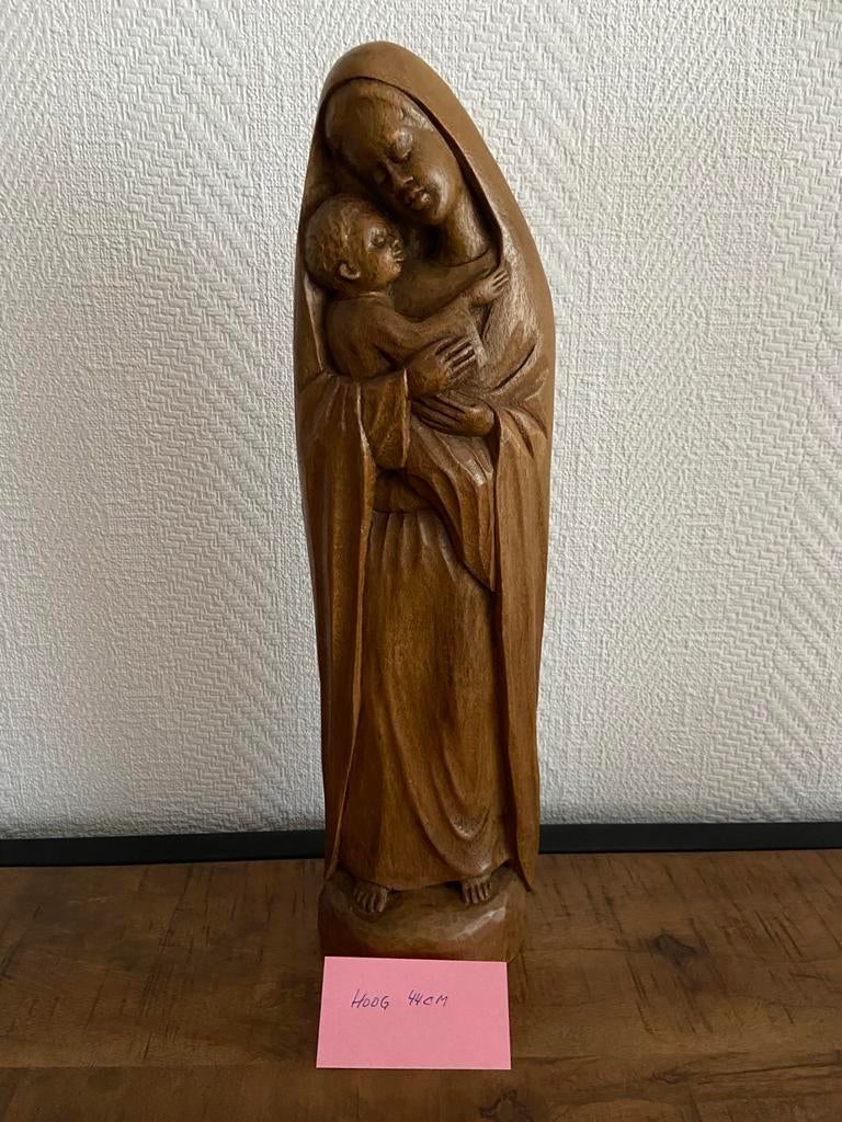 Gesigneerd Mariabeeld met kind, hout, 44 cm hoog, Antiek en Kunst, Ophalen