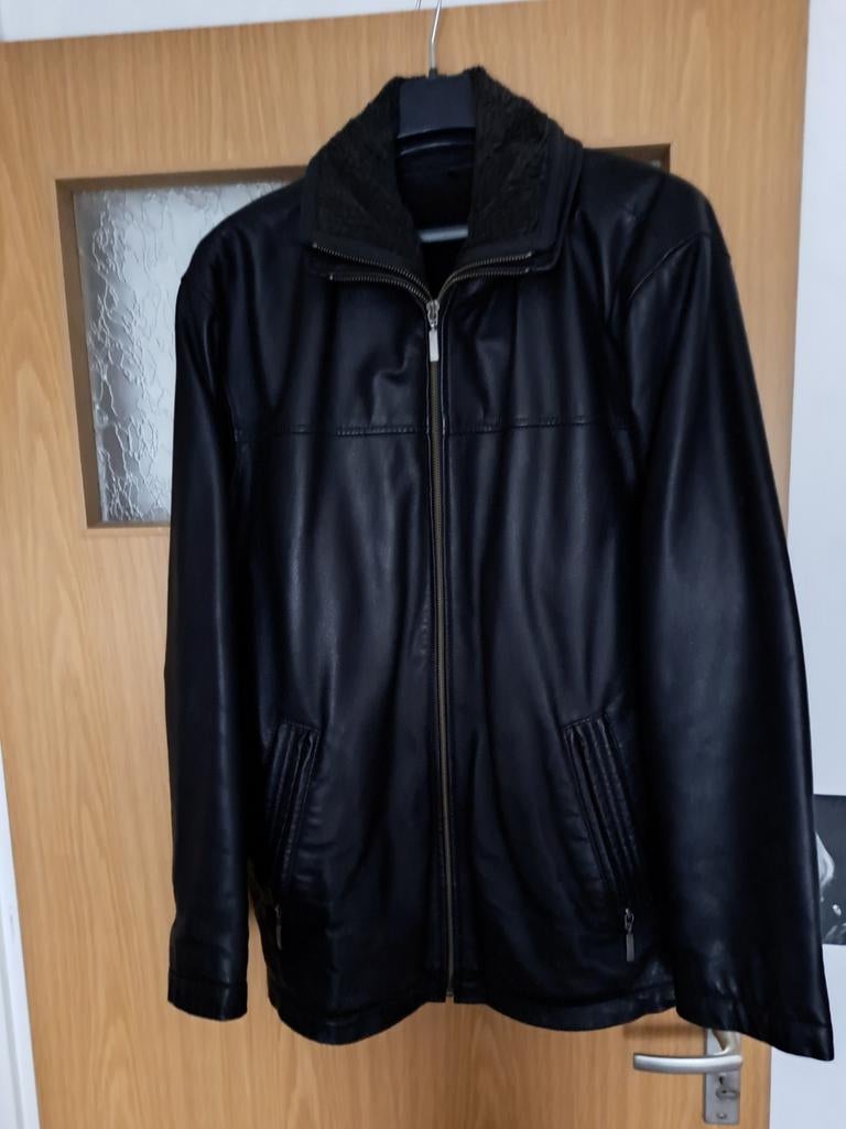 Zwarte leren heren winter jas met warme kraag Z.G.A.N, Kleding | Heren, Jassen | Winter, Zo goed als nieuw, Maat 56/58 (XL), Zwart