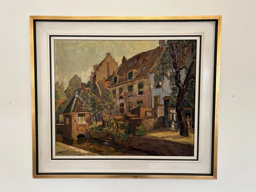 Stadsgezicht met gracht en huizen - Jan Visser, 1943, Antiek en Kunst, Kunst | Schilderijen | Klassiek, Ophalen