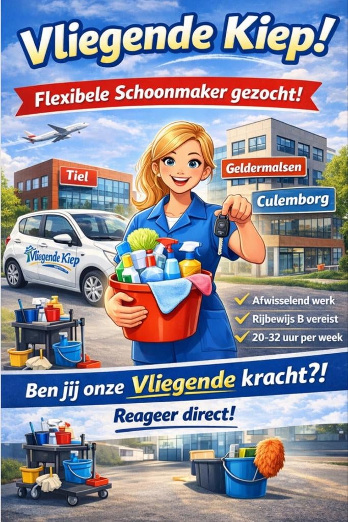 Schoonmaak(st)er gevraagd, vliegende kiep in Tiel, Vacatures, Vacatures | Schoonmaak en Facilitaire diensten, 33 - 40 uur