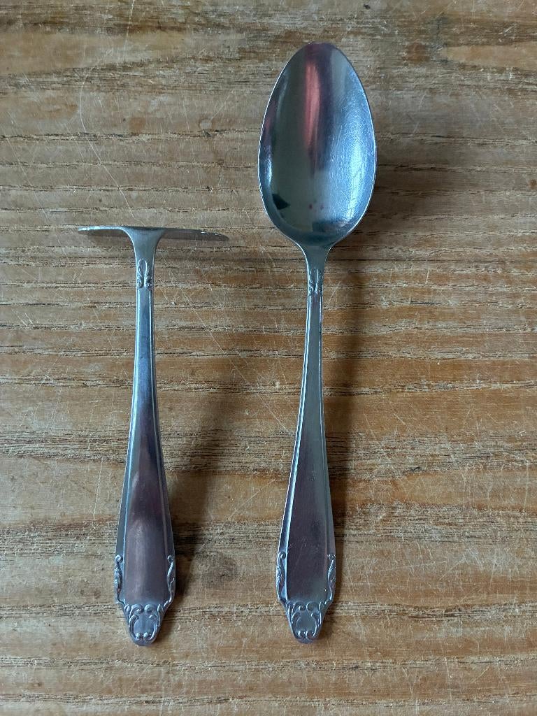 Vintage kinderbestek Gero Zilmeta 763 schuivertje + lepel, Antiek en Kunst, Ophalen of Verzenden