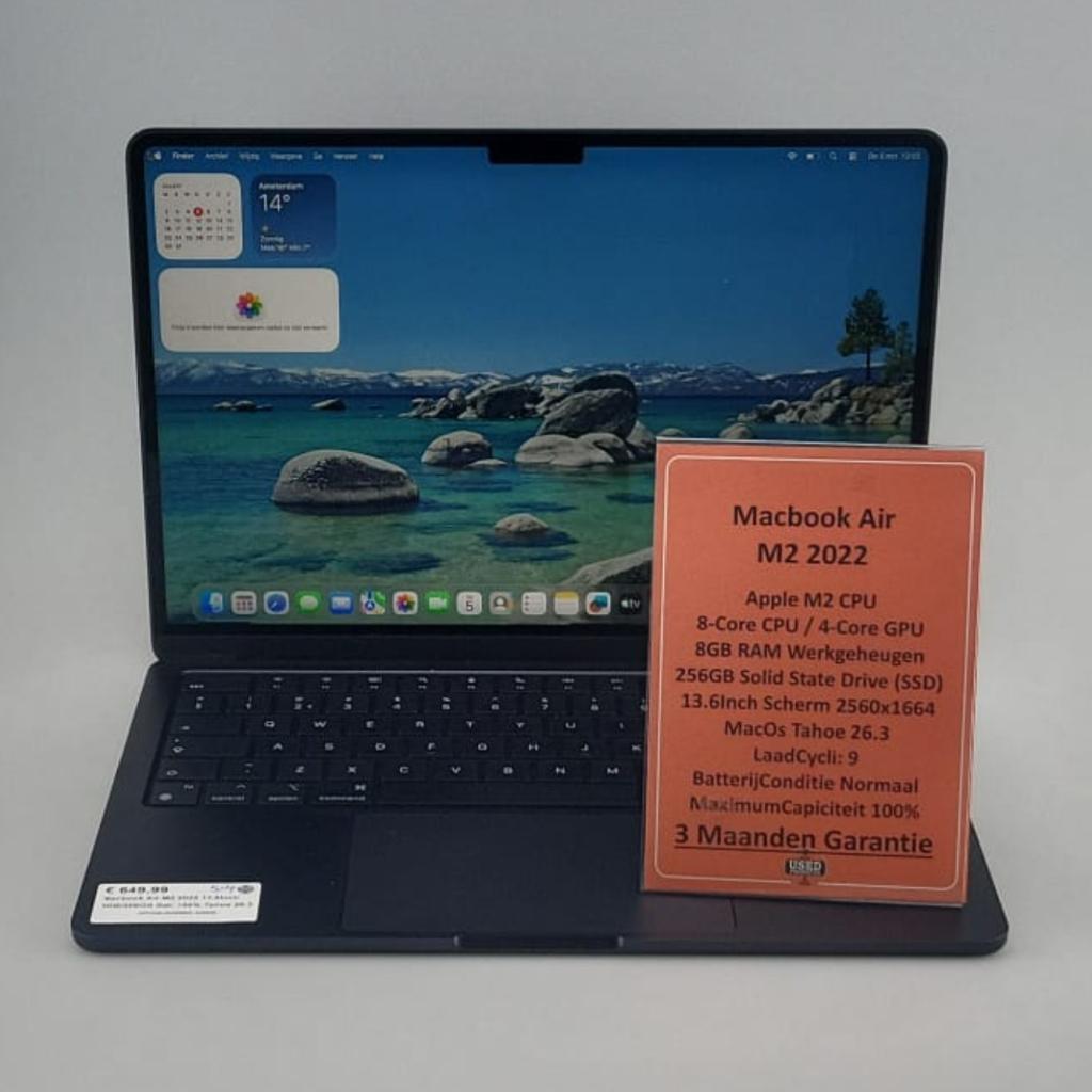 Macbook Air M2 2022 13.6Inch 8GB/256GB Bat: 100% Tahoe 26.3, Apple, Zo goed als nieuw, Support@apple.com, One Apple Park Way
Cupertino, CA 95014
United States