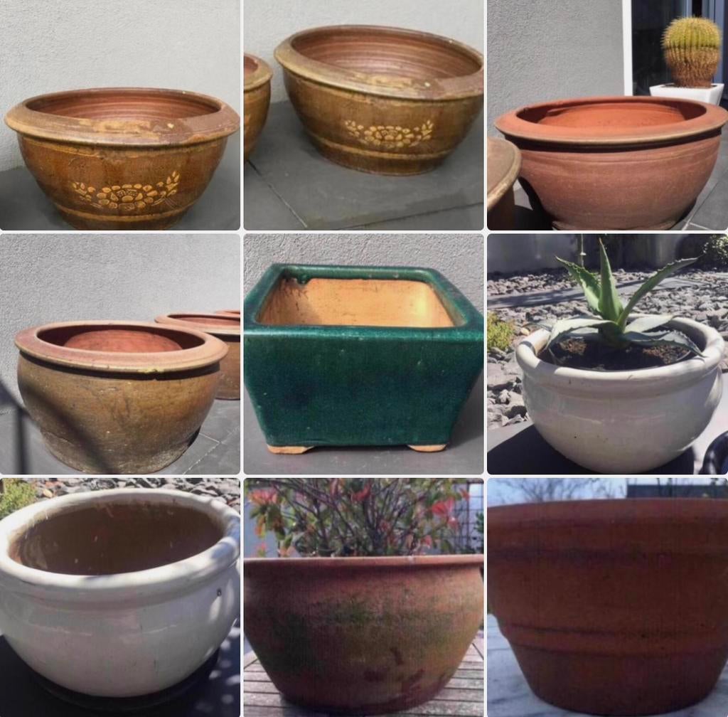 Diverse oude terracotta bloempotten en schalen, Tuin en Terras, Bloempotten, 40 cm of meer, Ophalen of Verzenden, Zo goed als nieuw