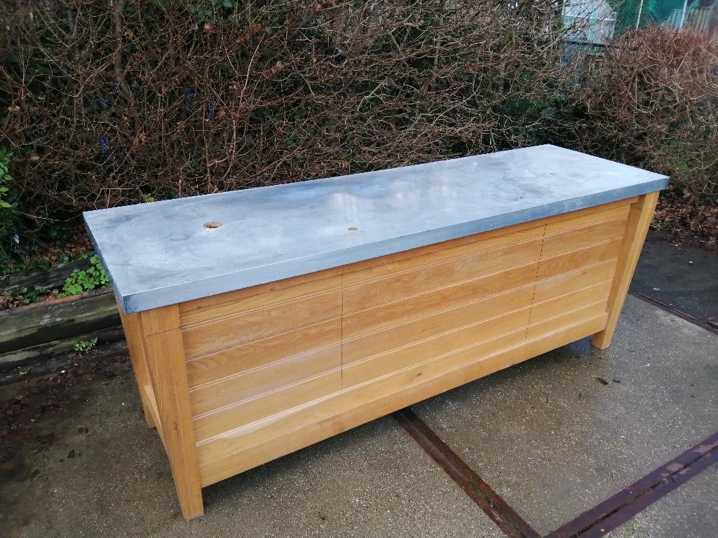 Mobiele Buitenkeuken eiken Bartafel/BBQ tafel+zinkblad, Tuin en Terras, Ophalen, Houtskool