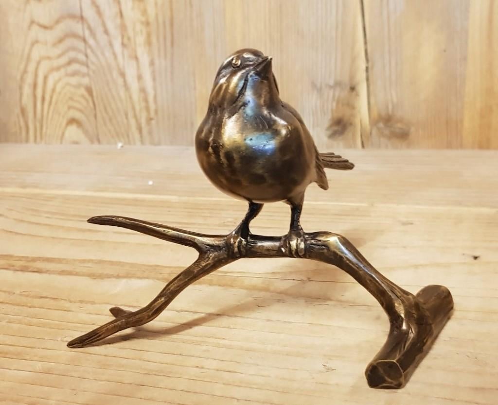 1 MUS OP TAK / Bronzen tuinbeeld / vogel
