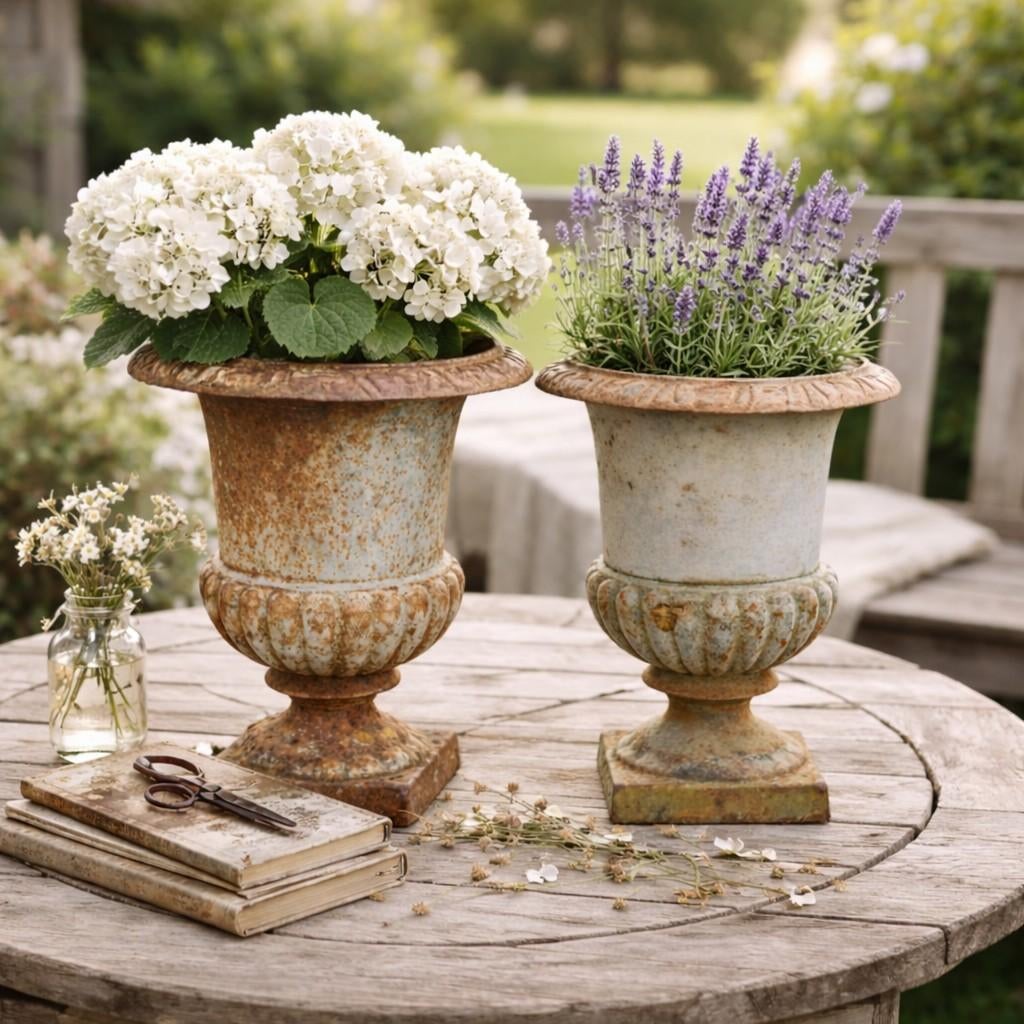 Vintage set gietijzeren bloempotten met patina., Gebruikt, Rond, Ophalen of Verzenden, Balkon