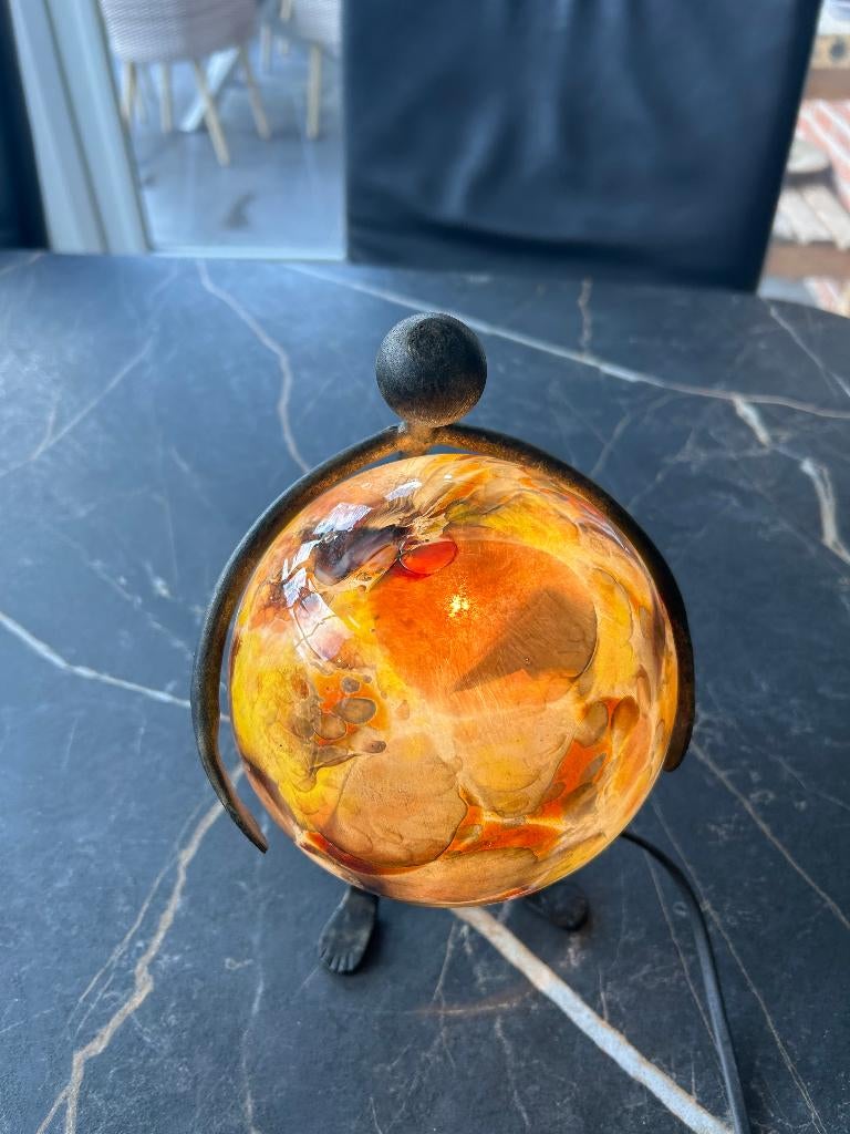 Glazen bol lamp-smeedijzeren geraamte-handmade uit Tunesië, Handmade, Ophalen of Verzenden, Zo goed als nieuw, Glas