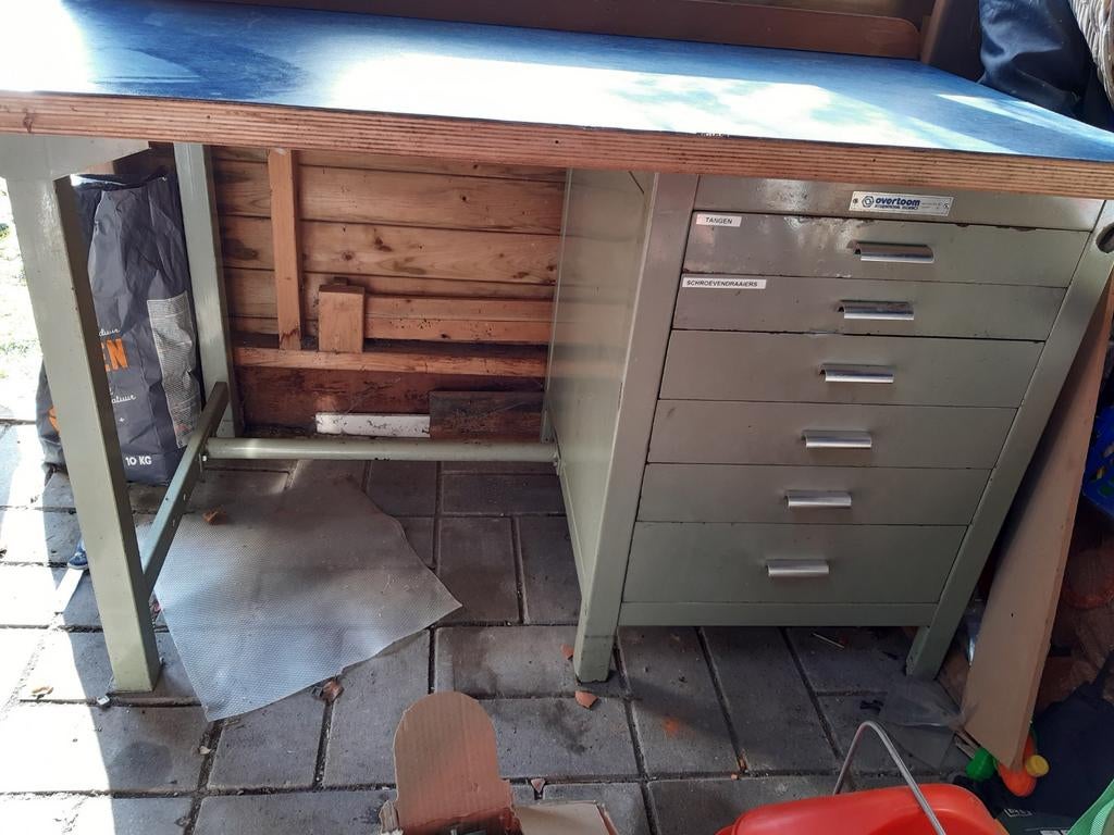 Robuuste metalen werkbank met 6 lades (links/rechts mogelijk, Doe-het-zelf en Verbouw, Werkbanken, Ophalen, Gebruikt, 120 tot 170 cm