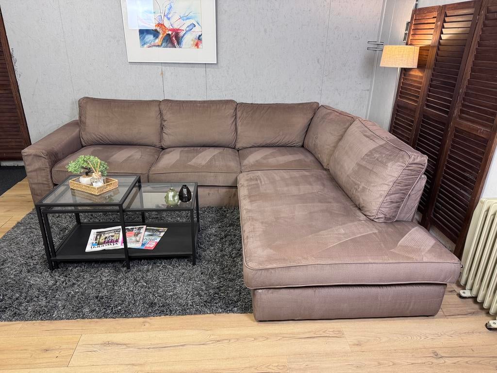 Zachte Lichtbruin Velvet Hoekbank Refurbished-Gratis Bezorgd, Hoekbank, 300 cm of meer, Ophalen of Verzenden, Zo goed als nieuw