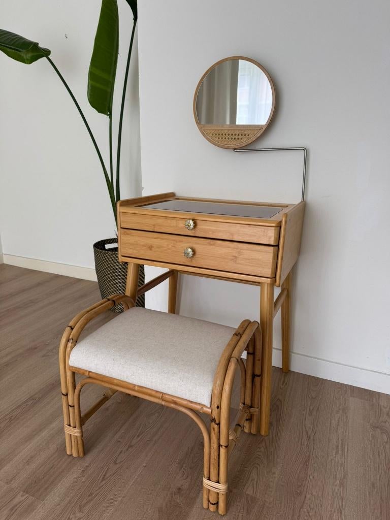 Bamboe Kaptafel met Spiegel en Stoel – Zeer Goede Staat, Ophalen, 100 tot 150 cm, Zo goed als nieuw, Rechthoekig