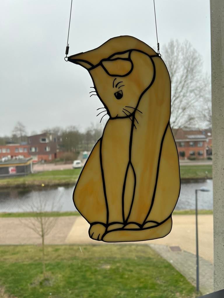 Raamhanger. Glas in lood. Witte kat / poes. Vintage, Ophalen, Zo goed als nieuw