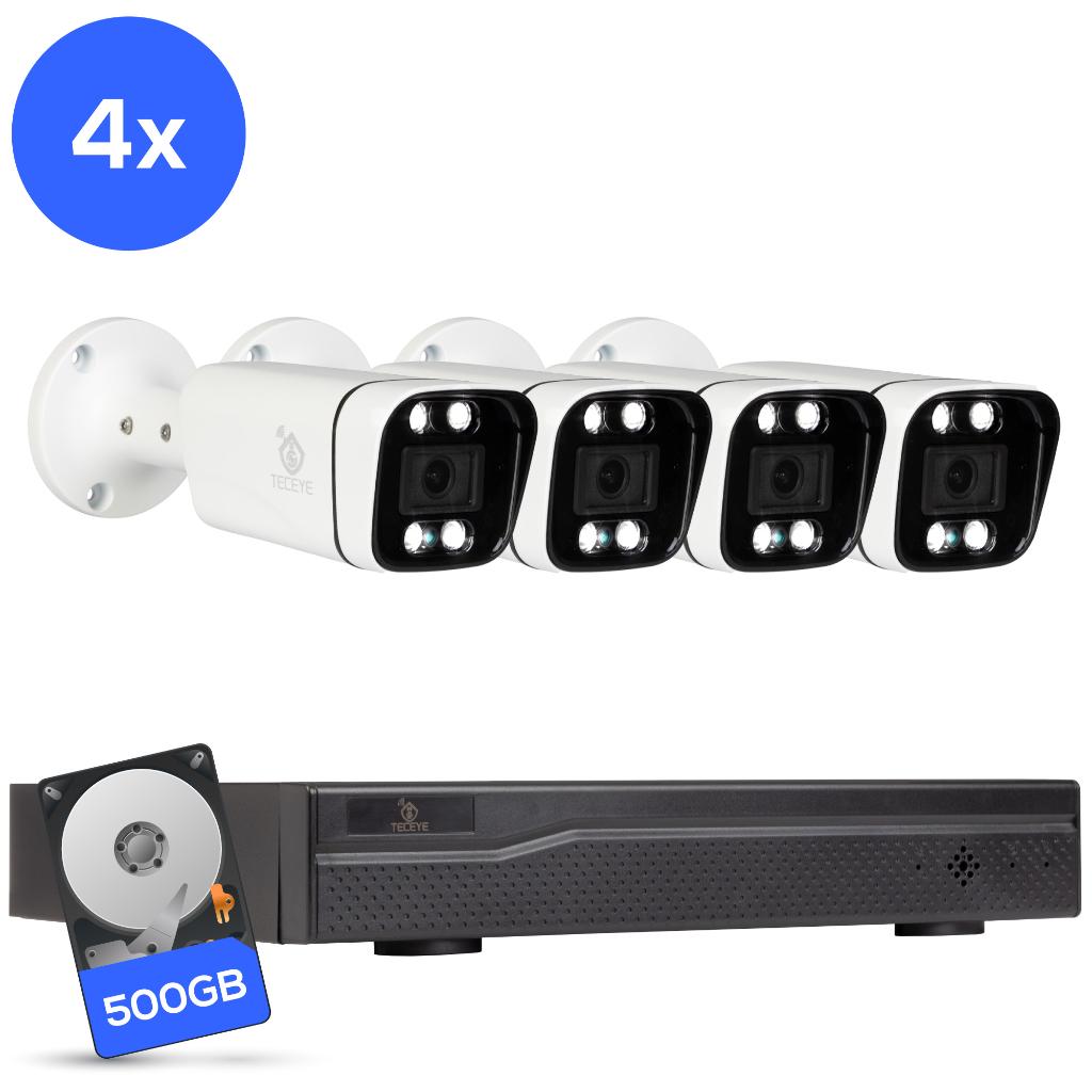 Teceye PoE cameraset 4 stuks met 500GB recorder Wit CCTV, Ophalen of Verzenden, Nieuw, Buitencamera