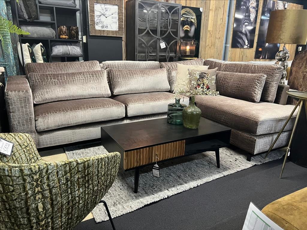 Hoekbank Iris lounge in croco velours 311x226cm, Huis en Inrichting, Banken | Bankstellen, Ophalen of Verzenden, Zo goed als nieuw
