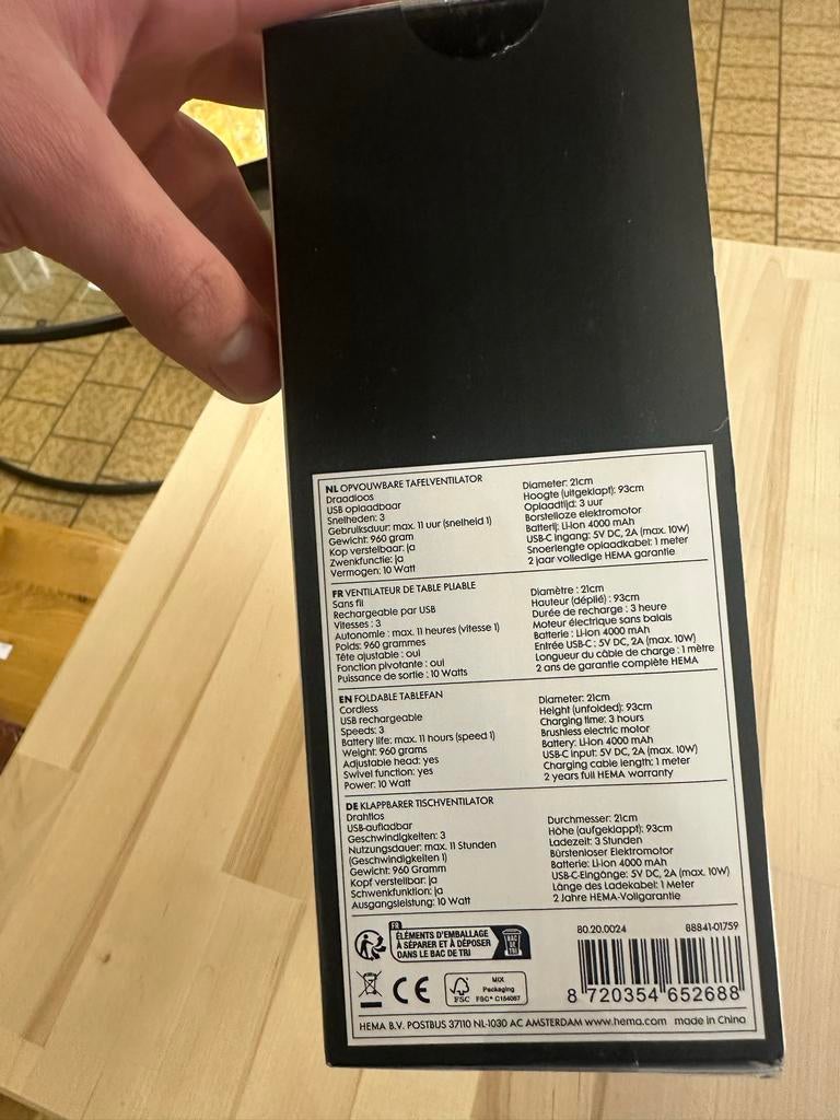 HEMA Opvouwbare Tafelventilator - Nieuwstaat, Witgoed en Apparatuur, Ventilatoren, NVT, NVT, Ophalen of Verzenden, Zo goed als nieuw