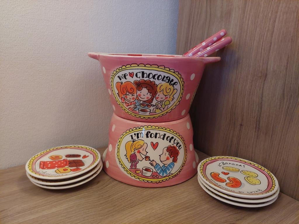 Chocolade fondueset met petit four bordjes Blond Amsterdam, Ophalen, Zo goed als nieuw
