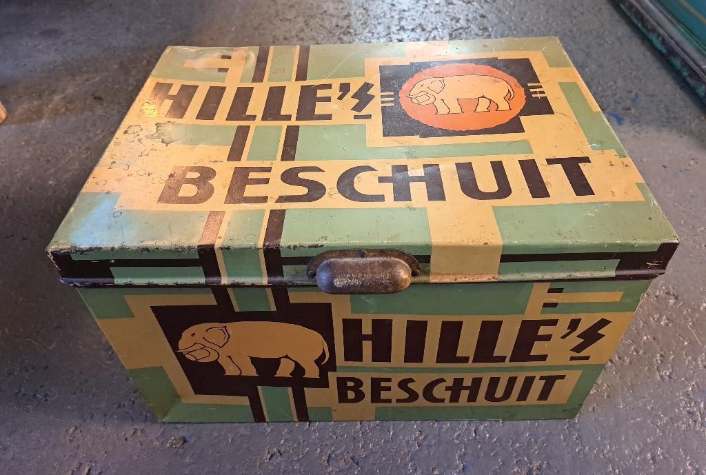 Antiek winkel voorraad blik Hille`s beschuit 42 x 30 x 26 cm, Antiek en Kunst, Ophalen