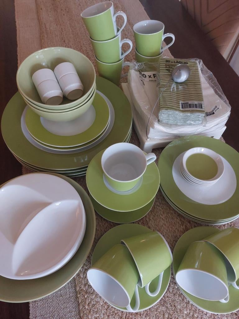 45-Delig Groen 💚🤍 Wit servies, Ophalen, Zo goed als nieuw, Effen, Porselein