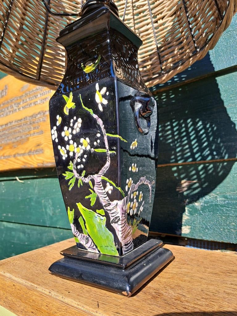 Tafel lamp retro vintage. Zwart keramische voet hand painted, Ophalen of Verzenden, Zo goed als nieuw, Glas, Minder dan 50 cm