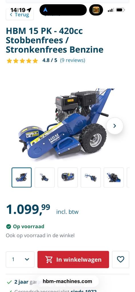 HBM 15 PK - 420cc Stobbenfrees / Stronkenfrees Benzine, Tuin en Terras, Ophalen, Zo goed als nieuw, Benzine