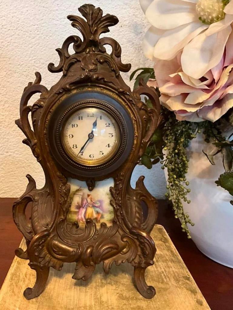 Antieke Ansonia bronzen klok met porselein Louis-XV ca1800, Ophalen of Verzenden