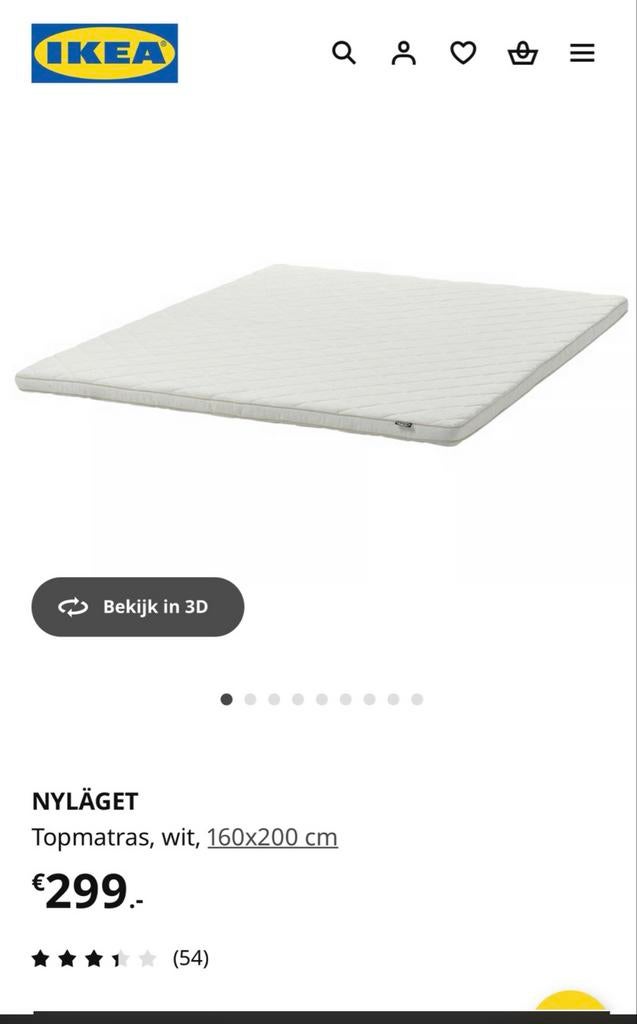 IKEA NYLAGET Topdekmatras 160x200x7cm, Huis en Inrichting, Slaapkamer | Matrassen en Bedbodems, Ophalen, Matras, 200 cm, 160 cm