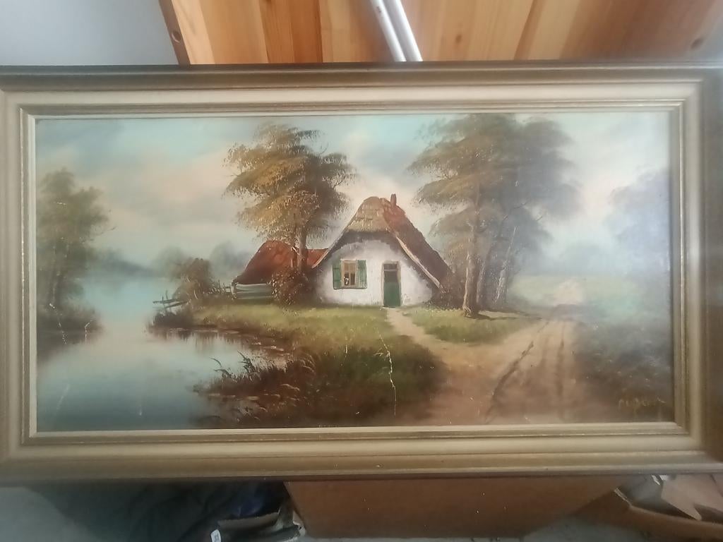 Schilderij met huisje aan het water, Ophalen of Verzenden