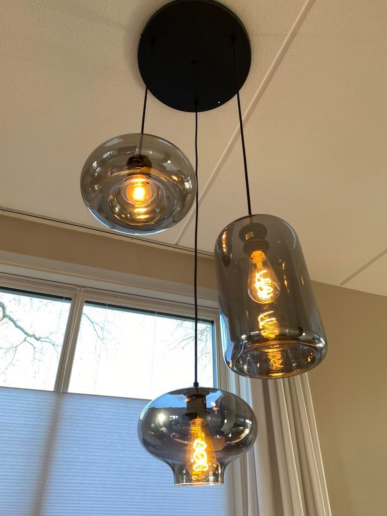 Hanglamp 3-lichts en 2x plafondspots 2-lichts, smoke glas, Ophalen, Zo goed als nieuw, Glas, 75 cm of meer