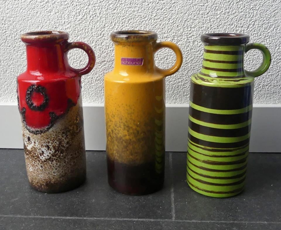 Scheurich 401-20 vazen trio vaas West-Germany geel groen, Gebruikt, Overige kleuren, Aardewerk of Porselein, Ophalen of Verzenden