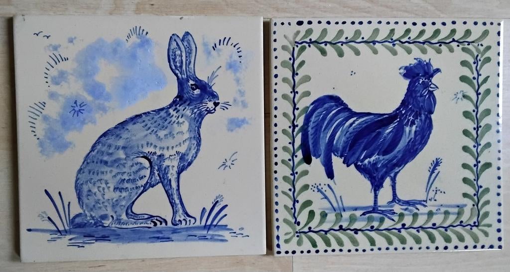 Mosa tegel met blauwe haan en haas 15x15 cm, Ophalen of Verzenden