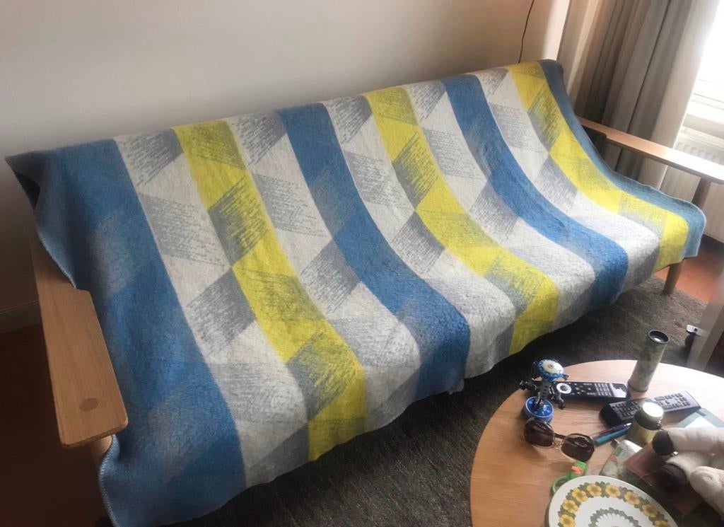 Grote vintage wollen deken 170 x 216 cm geel blauw wit grijs, Huis en Inrichting, Woonaccessoires | Plaids en Woondekens, Ophalen of Verzenden