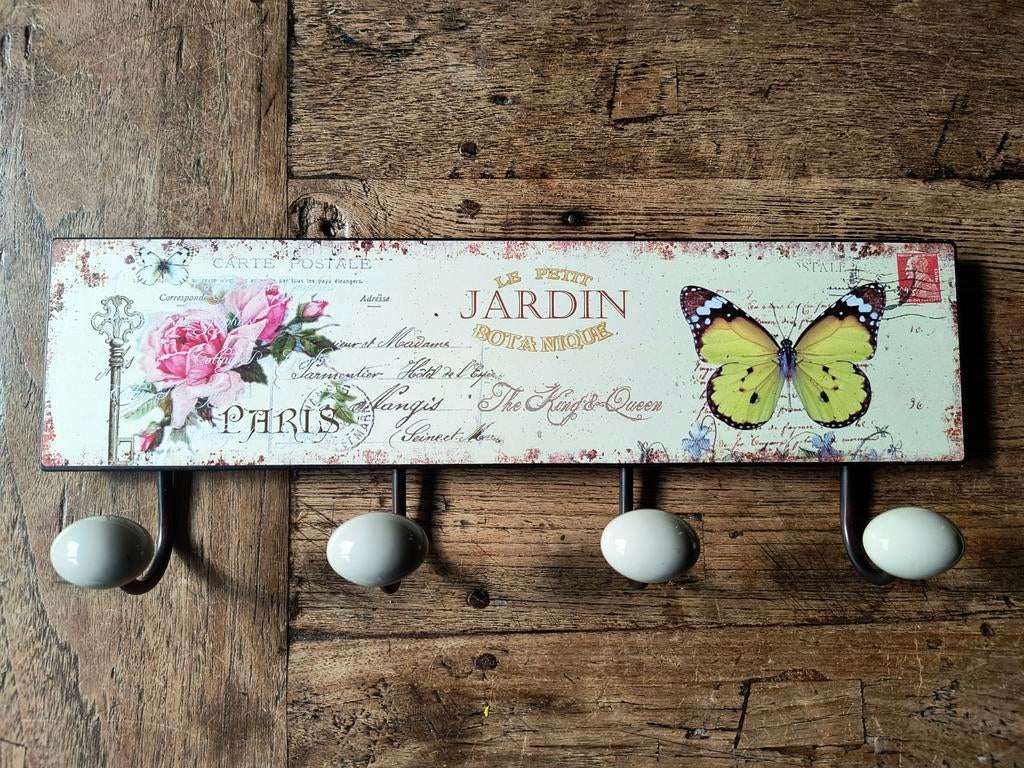 Kapstokje met vlinder en roos - Le Petit Jardin, Ophalen of Verzenden, Gebruikt, Metaal, Wandhaken