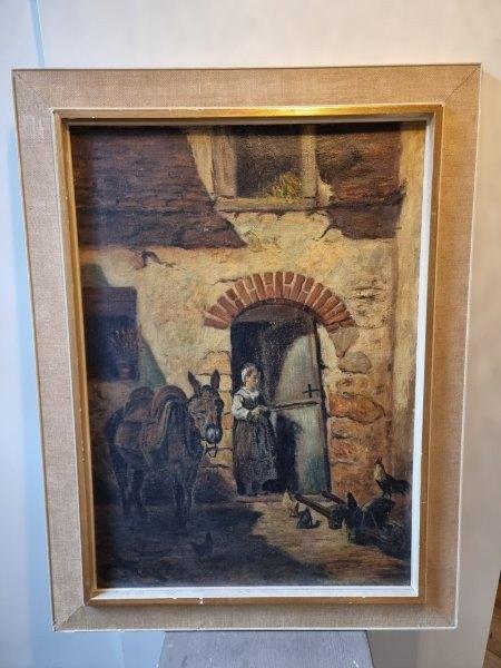 Schilderij: ezeltje, kippen en vrouw., Antiek en Kunst, Ophalen