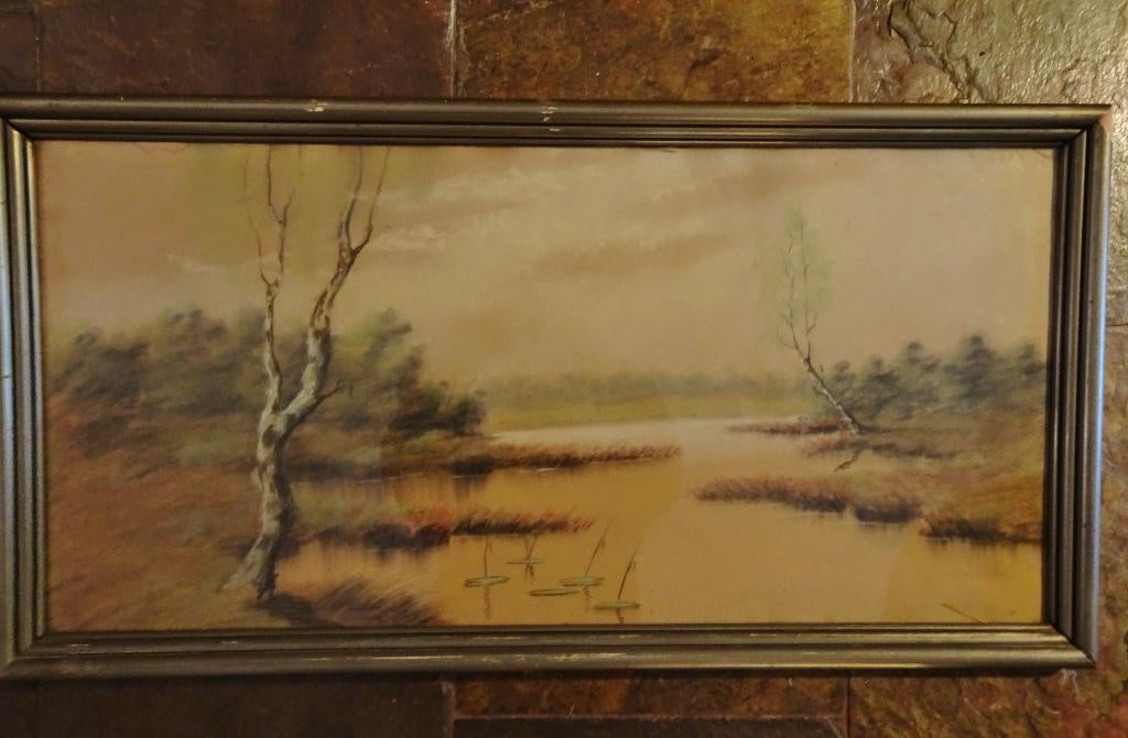 PASTEL van een WATERLANDSCHAP Vennebos in Brabant 80x42 cm, Ophalen of Verzenden