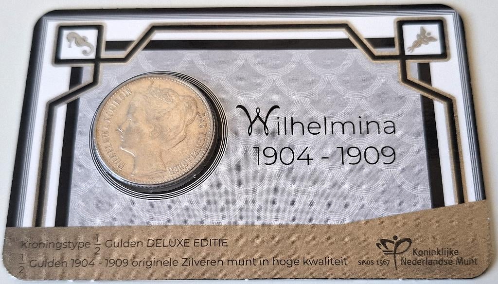 Zilveren ½ Gulden Wilhelmina in coincard 1907, Verzenden, Koningin Wilhelmina, 1 gulden, Losse munt