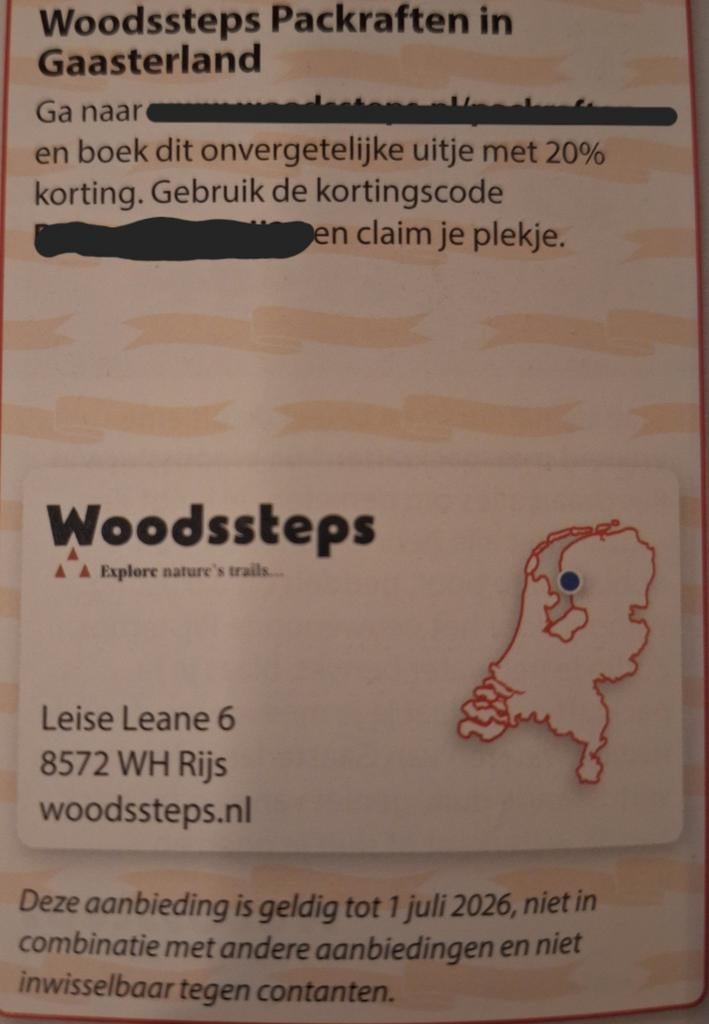 Woodsteps Packraften 20% korting, Tickets en Kaartjes, Eén persoon, Kortingsbon