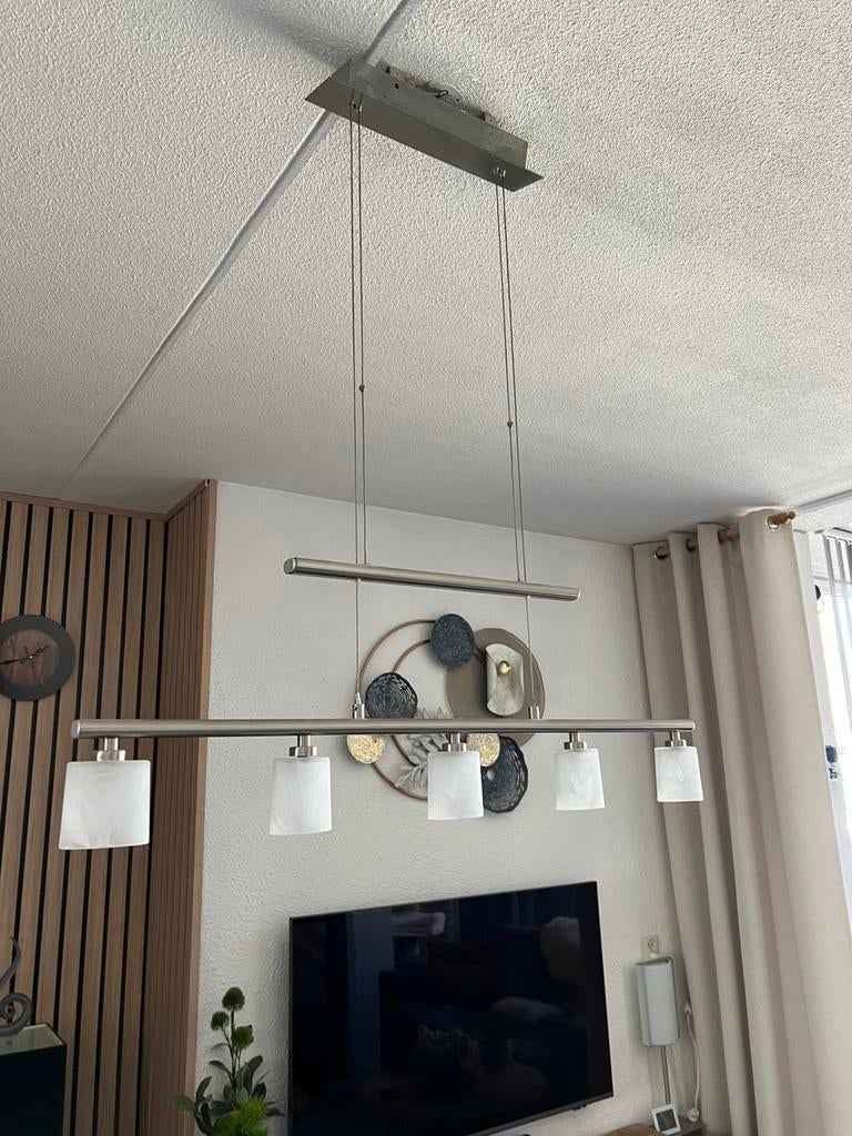 Mooie touch dimbare hanglamp met 5 lampjes., 50 tot 75 cm, Ophalen of Verzenden, Zo goed als nieuw, Glas