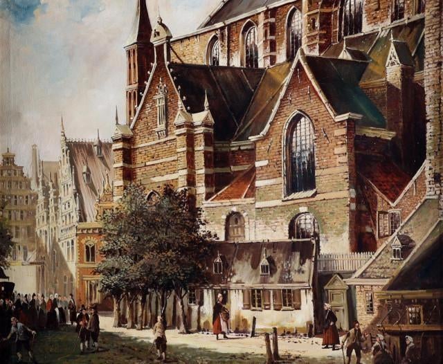 Gezicht op de Grote of St.-Bavokerk te Haarlem, Antiek en Kunst, Kunst | Schilderijen | Klassiek, Ophalen of Verzenden