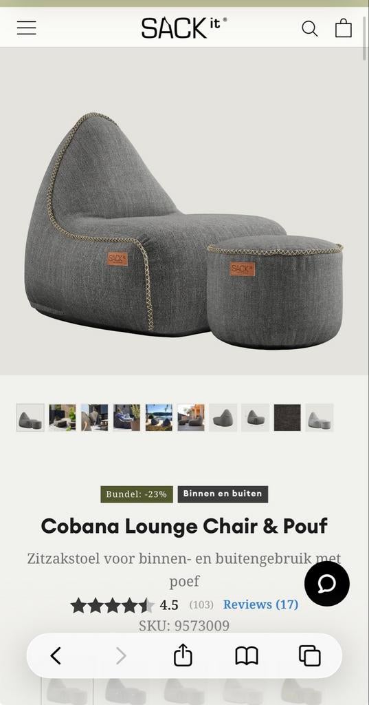 SACKit Cobana Lounge Chair en Poef - Grijs zgan, Ophalen, Grijs, Zitzakstoel