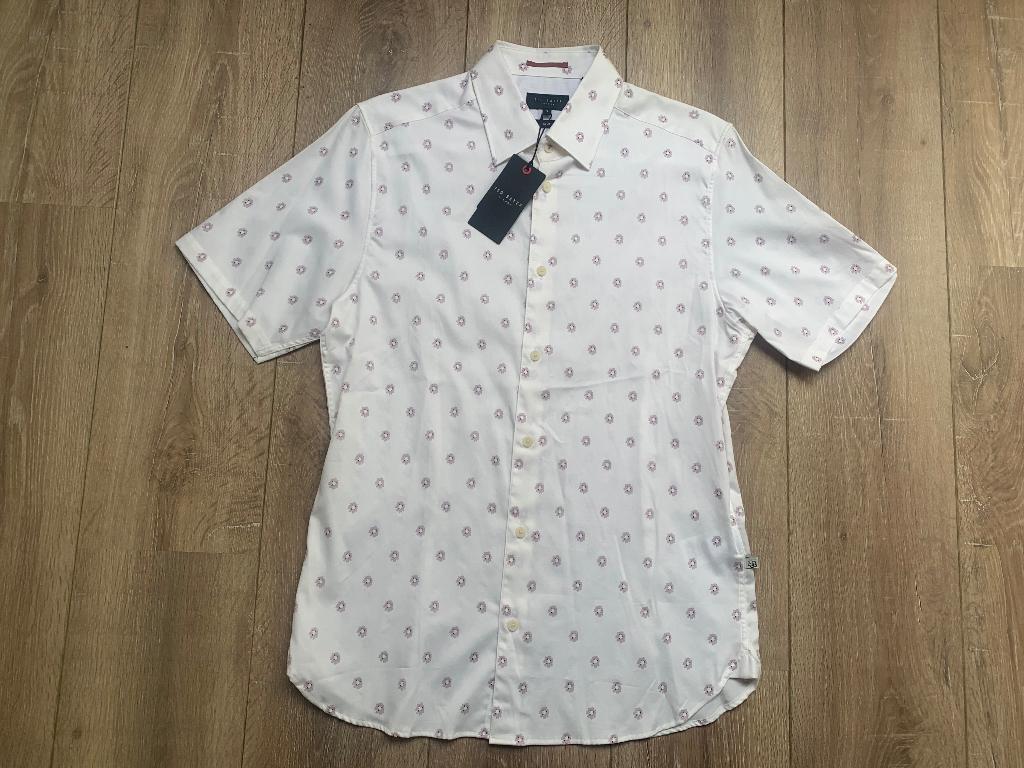 Ted Baker Overhemd KM motief slim fit Wit Lila 3/M=39/40, Ted Baker, Verzenden, Wit, Nieuw