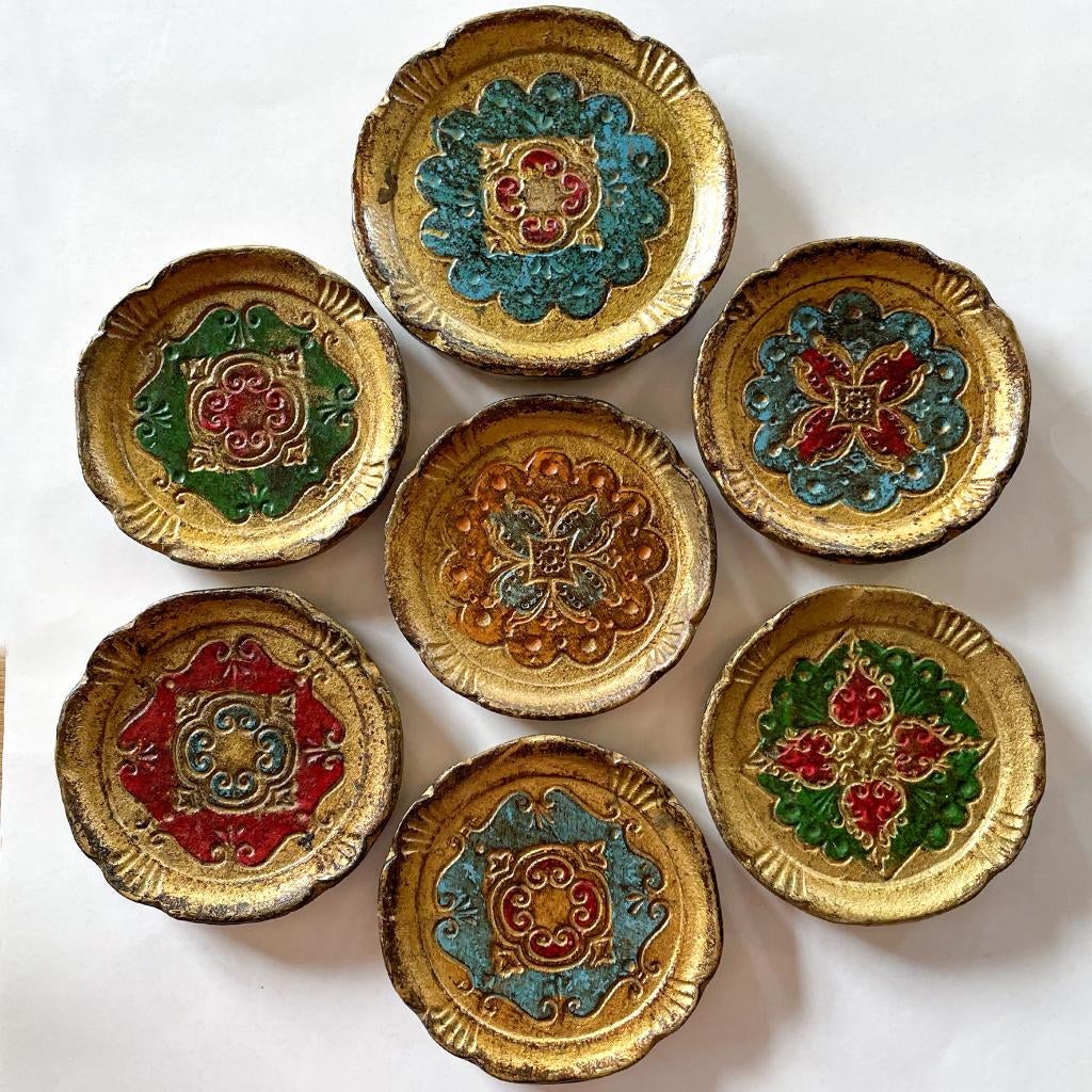 Set van 7 vintage, brocante Florentijnse onderzetters Italië, Gebruikt, Glas of Kopje, -, -