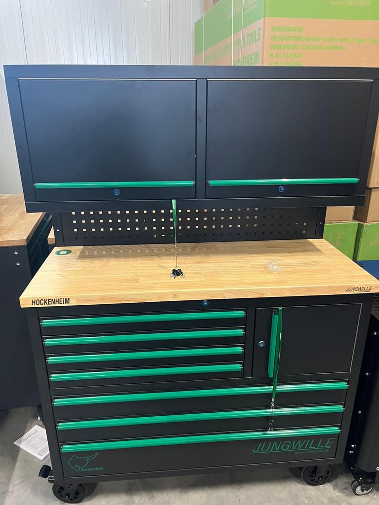 Jungwille Hockenheim Werkbank met Gereedschapskast op Wielen, Ophalen, Nieuw, 120 tot 170 cm