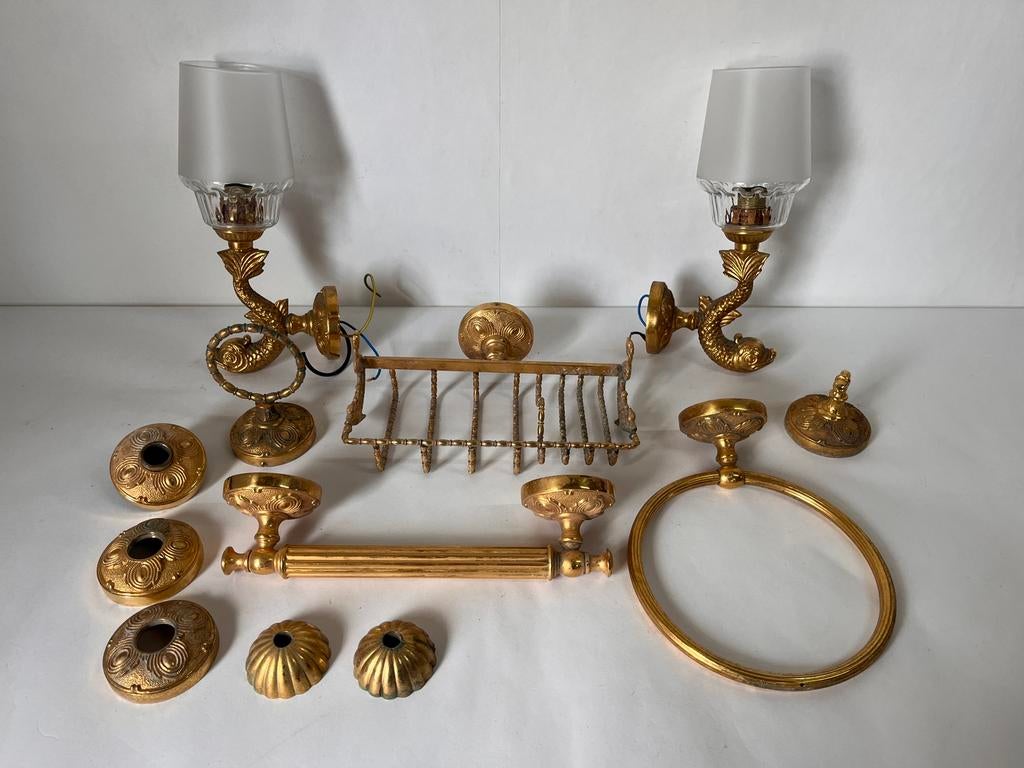 Vintage messing set badkamer met oa 2 wandlampen en zeeprek, Ophalen of Verzenden