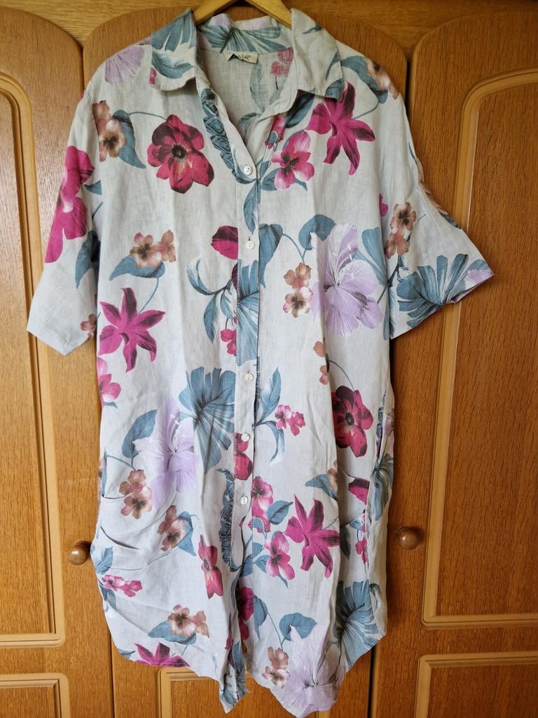 Puro Lino Bloemenprint Linnen Jurk - maat L, Overige kleuren, Maat 42/44 (L), Ophalen of Verzenden, Knielengte