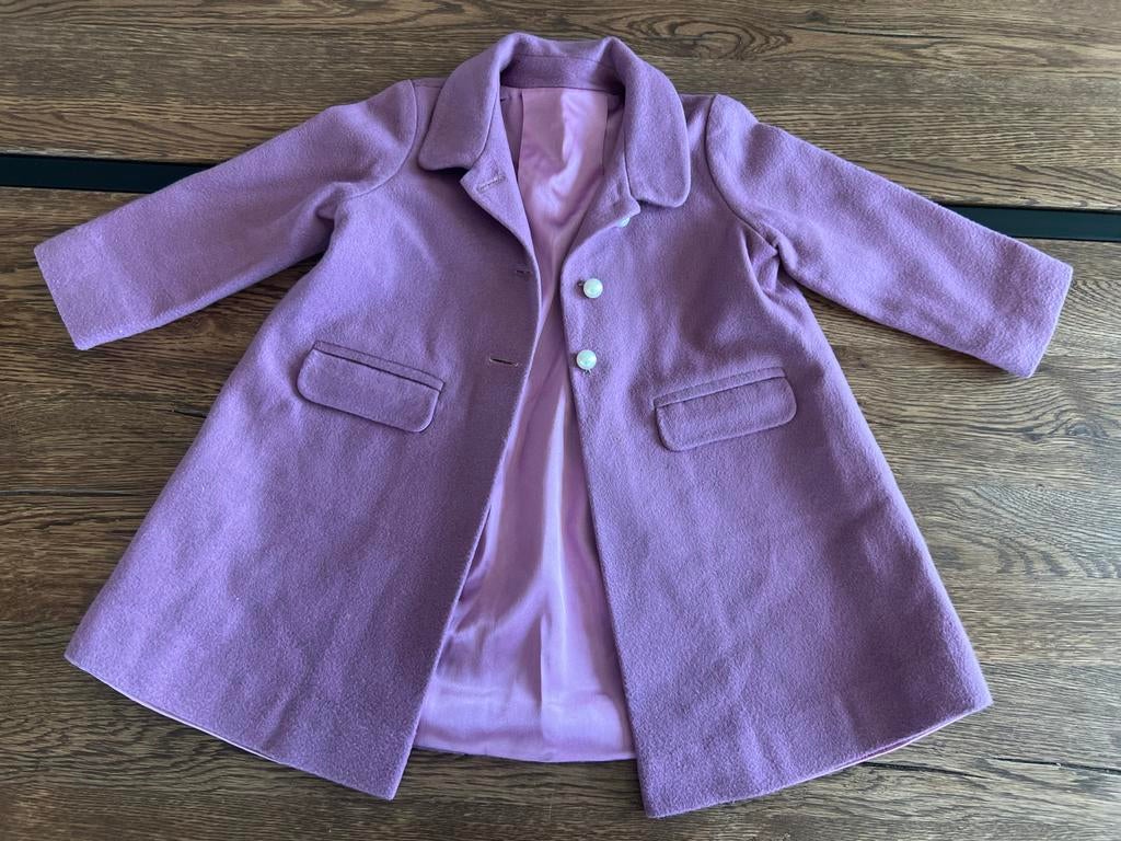 Handgemaakte wollen jas met 2 baretten en kraagje, Ophalen of Verzenden, Zo goed als nieuw, Maat 34 (XS) of kleiner, Paars