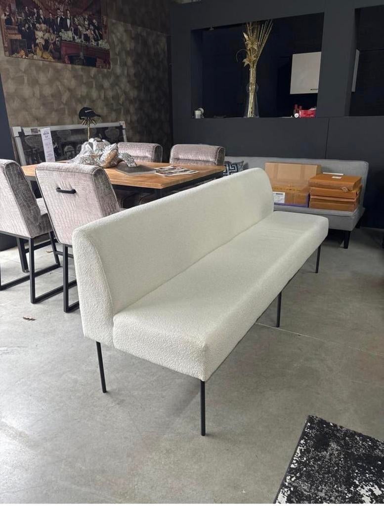 Eetkamerbank wit bouclé 210 cm, Ophalen, Wit, Nieuw, Stof