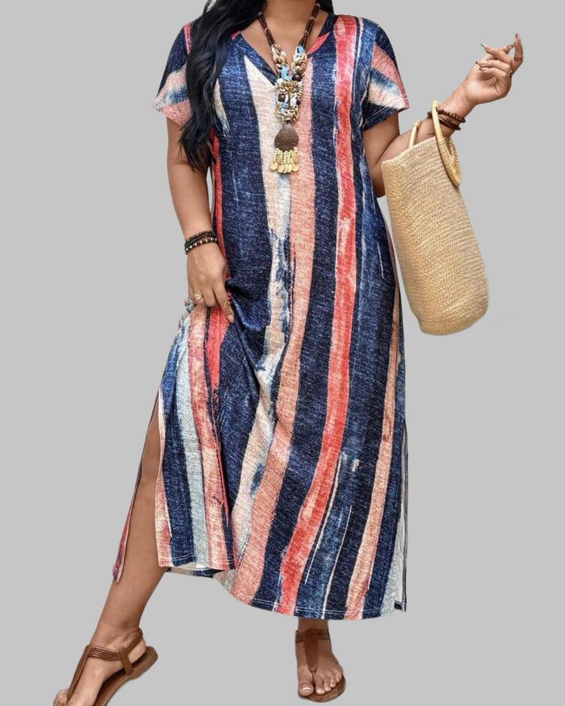 Maxi Jurk met V-hals en Strepen (44-52), Verzenden, Nieuw, Blauw, Jurk