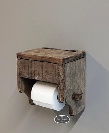 Oud houten toiletrol houder klep wc stoer sober landelijk