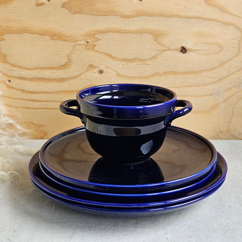 Driehoek Huizen Holland set van 4 borden en 1 kom blauw, Antiek en Kunst, Ophalen of Verzenden