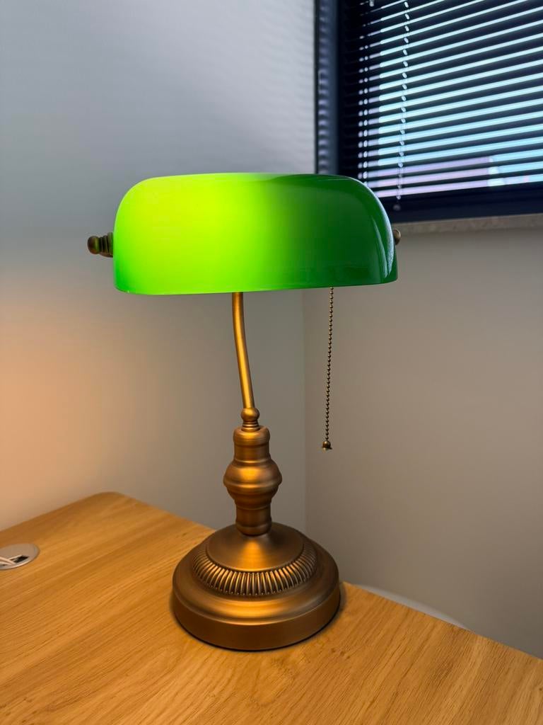 Notarislamp brons met groen glas, Ophalen, Zo goed als nieuw, Glas, Minder dan 50 cm