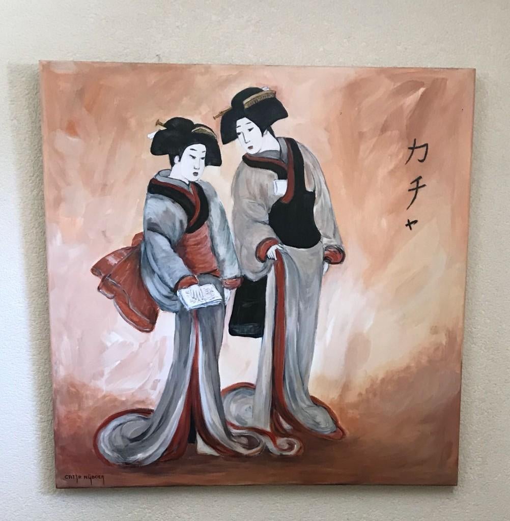 schilderij Japanse geisha's 80 x 80 cm, Huis en Inrichting, Woonaccessoires | Schilderijen, Tekeningen en Foto's, Ophalen, Zo goed als nieuw